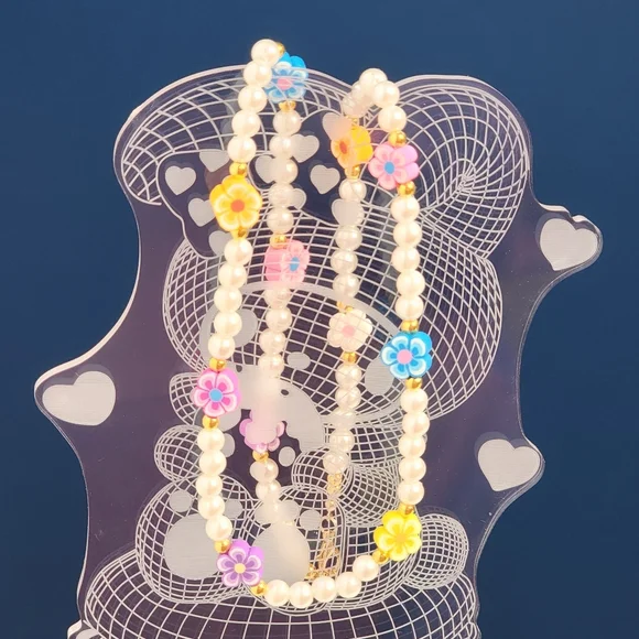 Kawaii Pearls & Colorful Flowers Beaded Necklace Y2K Handmade - Picture 4 of 6